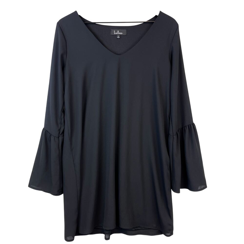 Lulus Size S VNeck Bell Sleeve Shift Dress Black Mini